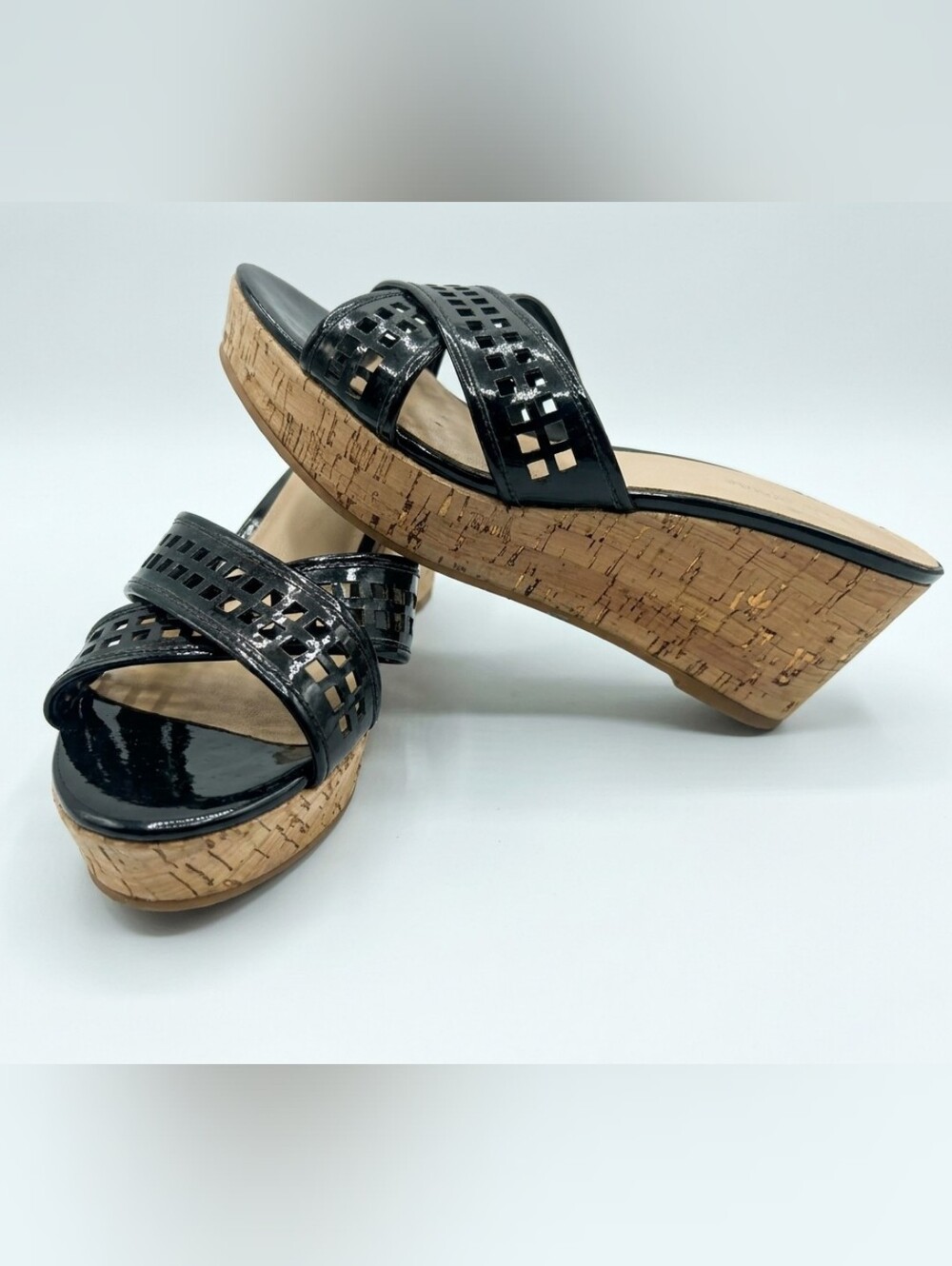 kate spade Black Patent Cork Wedge Slide Sandals